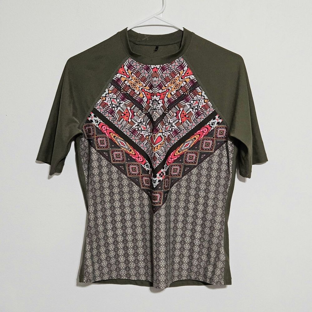 Prana Womens Janae Sun Top Sz S Green‎ Pink Geometric Nylon Stretch Rash Guard
